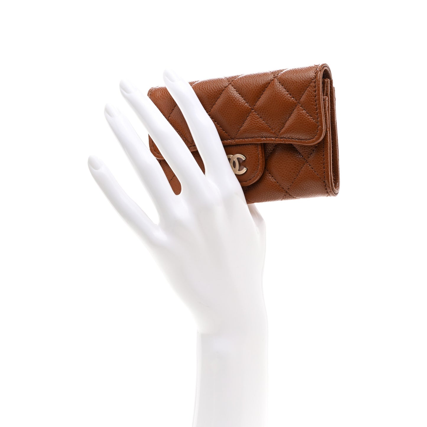 Caviar Quilted Flap Card Holder Wallet Light Brown