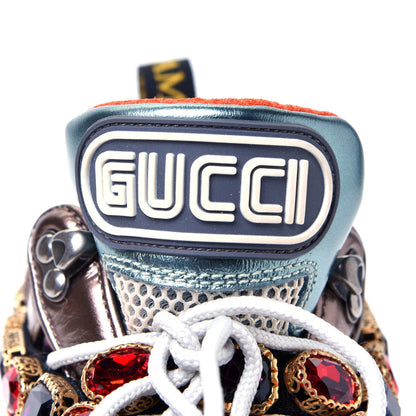 Gucci X SEGA Metallic Calfskin Mesh Removable Crystals Womens Flashtrek Sneakers 36 Rame Mystic White Lago 10 of 10