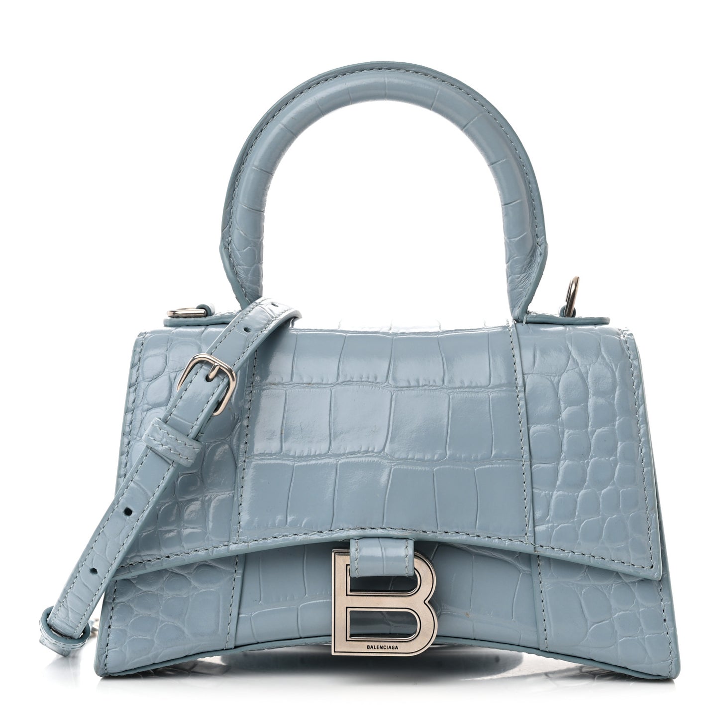 Shiny Calfskin Crocodile Embossed Hourglass Top Handle Bag XS Blue Grey
