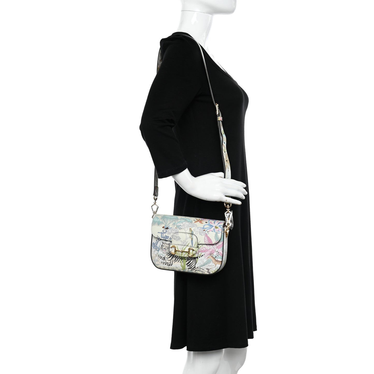 New Shangai Calfskin Tiger Savanah Web Mini Horsebit 1955 Shoulder Bag Chalky White Multicolor