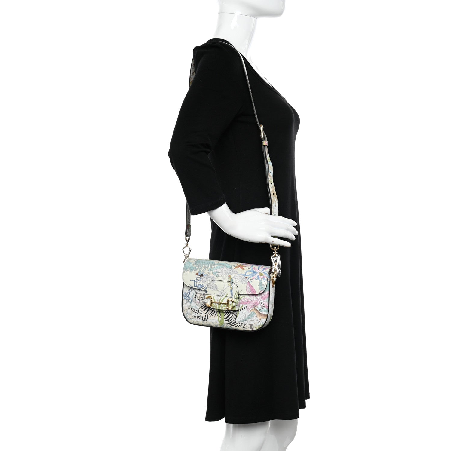 Gucci New Shangai Calfskin Tiger Savanah Web Mini Horsebit 1955 Shoulder Bag Chalky White Multicolor 2 of 10