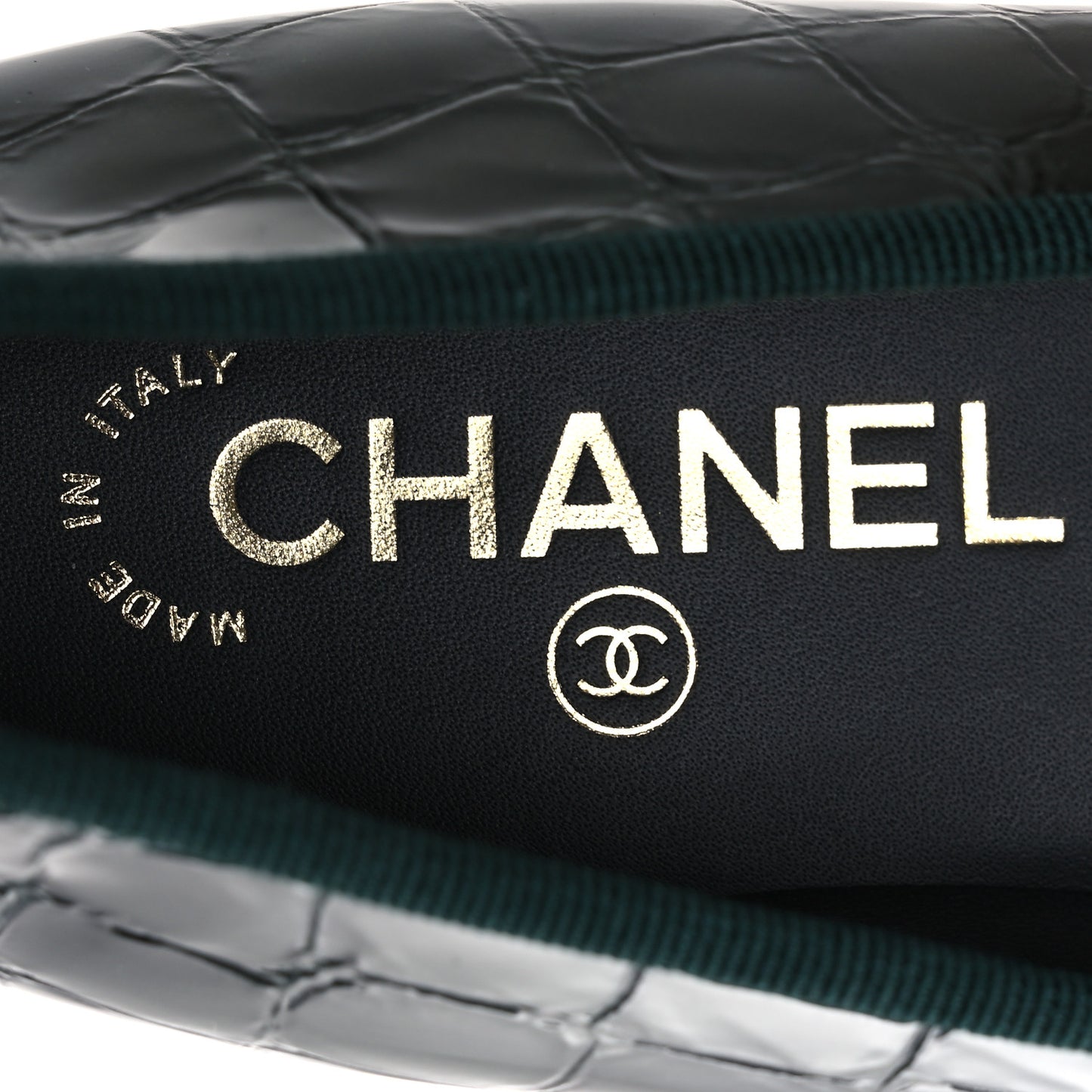 Crocodile Embossed Patent Calfskin Cap Toe CC Ballerina Flats 37.5 Dark Green Black