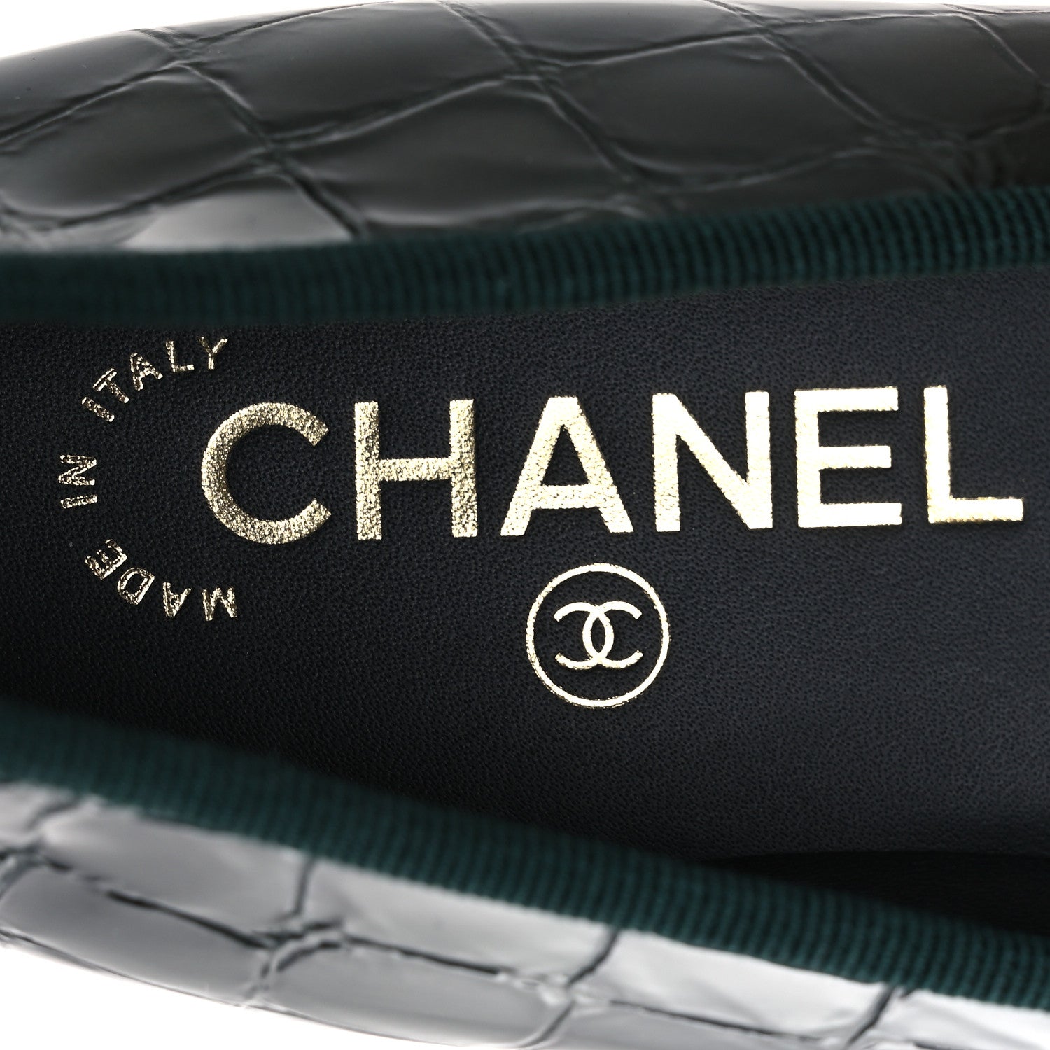 Chanel Crocodile Embossed Patent Calfskin Cap Toe CC Ballerina Flats 37.5 Dark Green Black 9 of 11