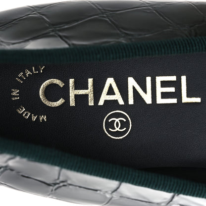 Chanel Crocodile Embossed Patent Calfskin Cap Toe CC Ballerina Flats 37.5 Dark Green Black 9 of 11