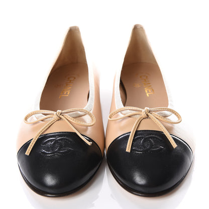 Chanel Lambskin Cap Toe CC Ballerina Flats 40 Beige Black 3 of 9