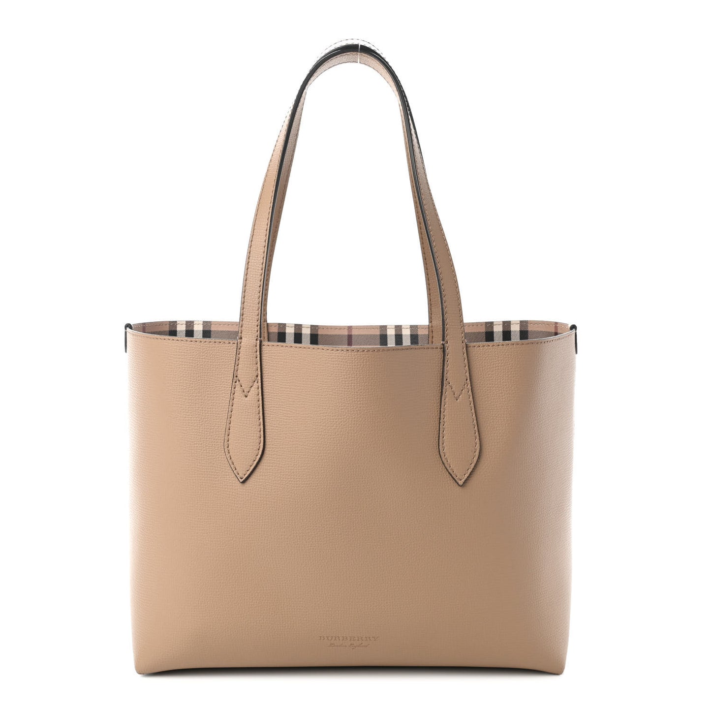 Grainy Calfskin Haymarket Check Small Reversible Tote Camel