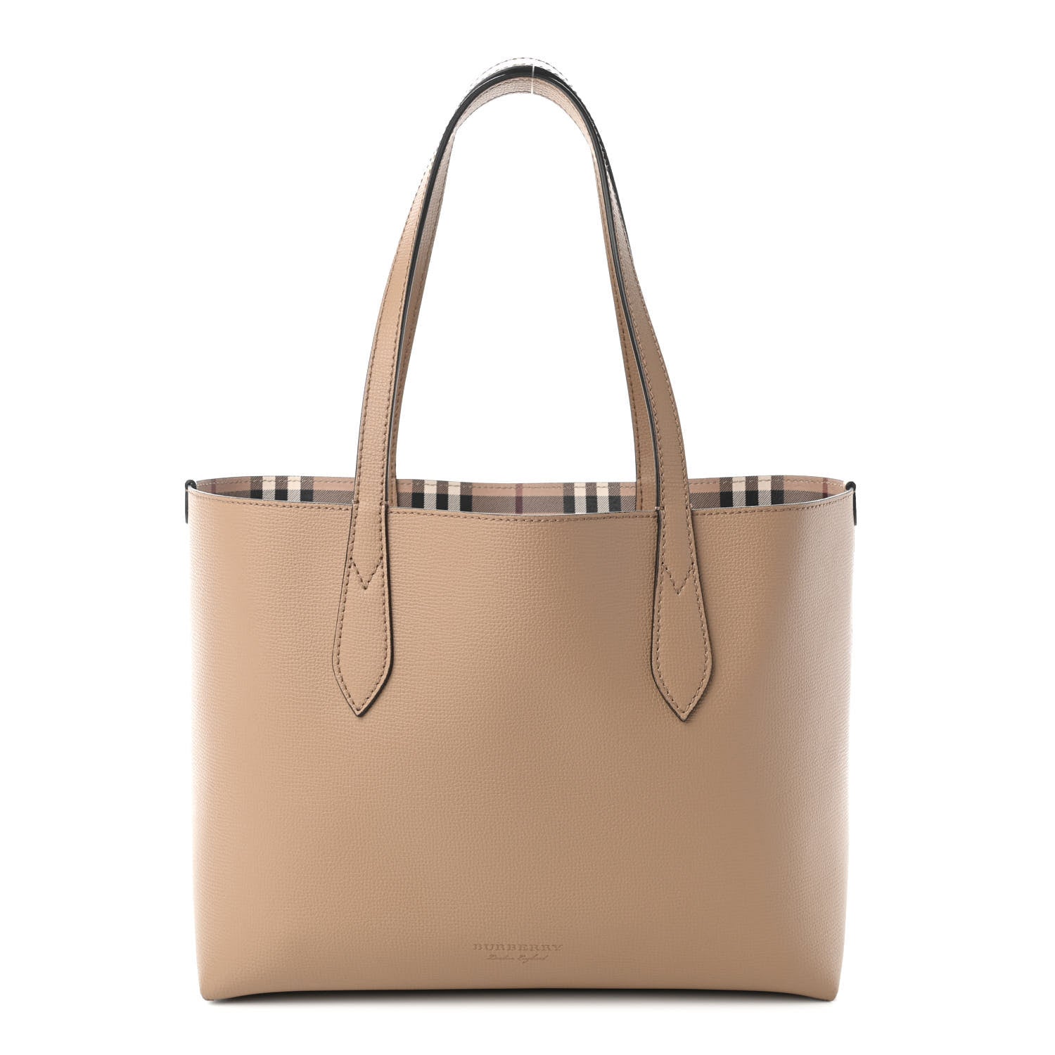 Burberry Grainy Calfskin Haymarket Check Small Reversible Tote Camel 1 of 15