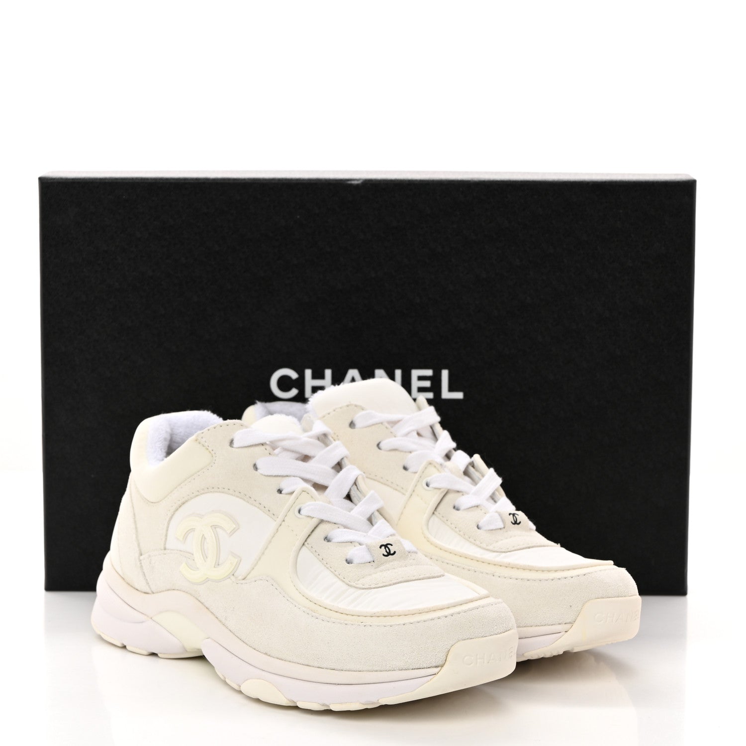 Chanel Suede Calfskin Fabric CC Sneakers 37 White 10 of 10
