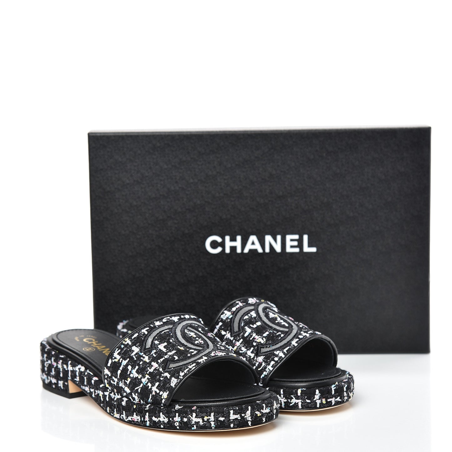 Tweed Lambskin CC Mules 38 Black White