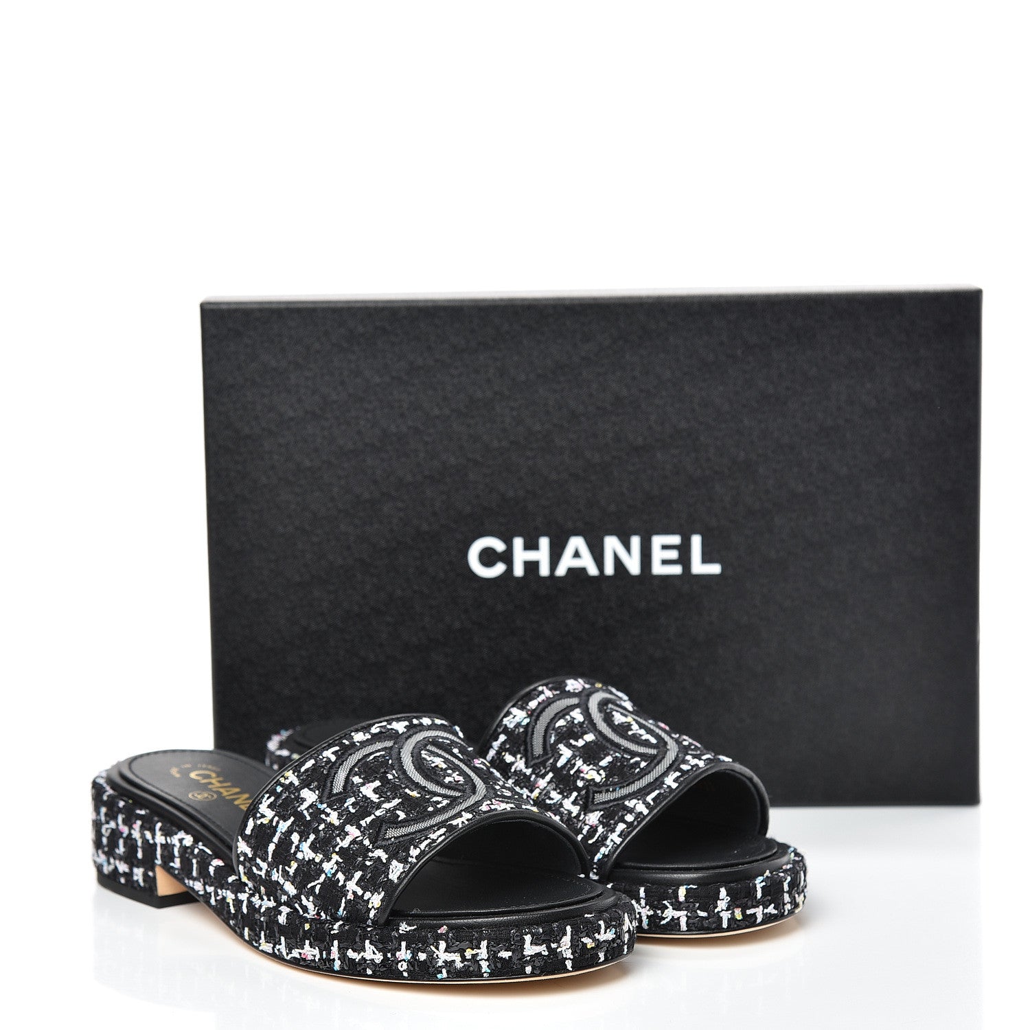 Chanel Tweed Lambskin CC Mules 38 Black White 8 of 8