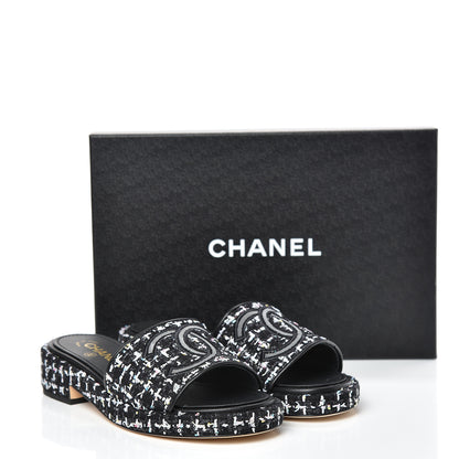 Chanel Tweed Lambskin CC Mules 38 Black White 8 of 8