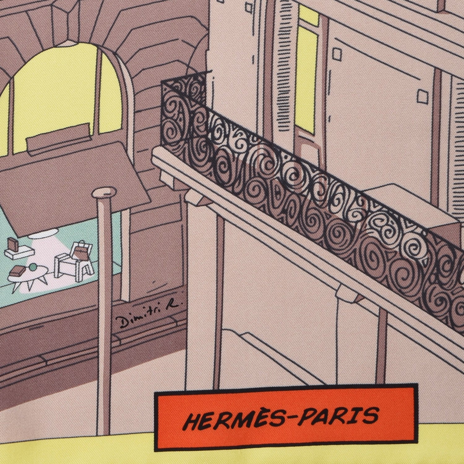Hermes Silk Space Shopping Au Faubourg Scarf 90 Rose Taupe Jaune 6 of 9