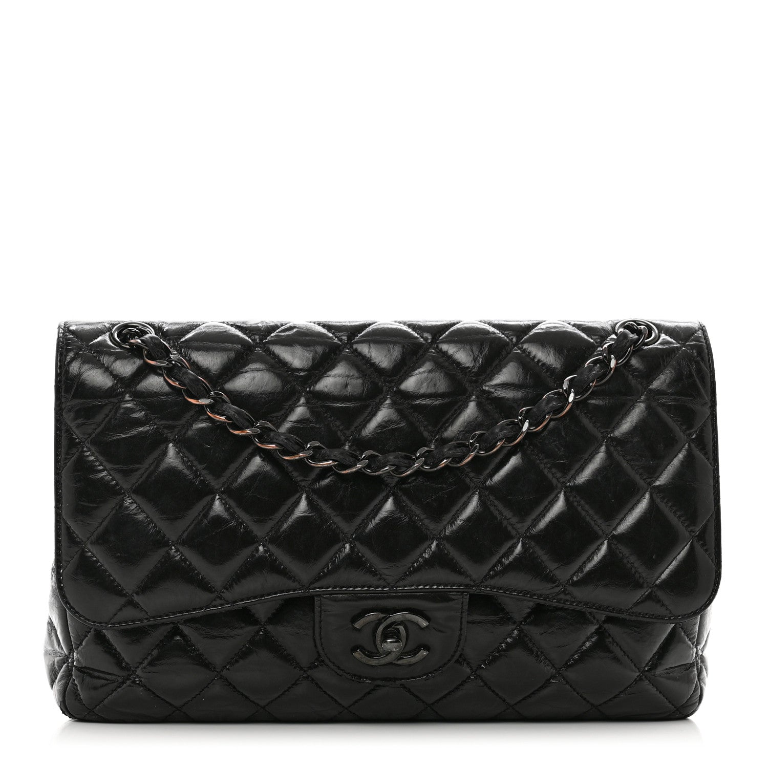 Chanel Shiny Distressed Calfskin Quilted Jumbo Double Flap So Black 1 of 12