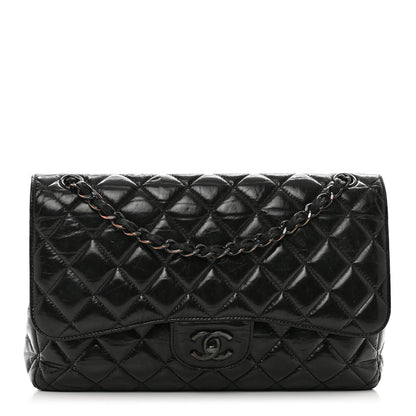 Chanel Shiny Distressed Calfskin Quilted Jumbo Double Flap So Black 1 of 12