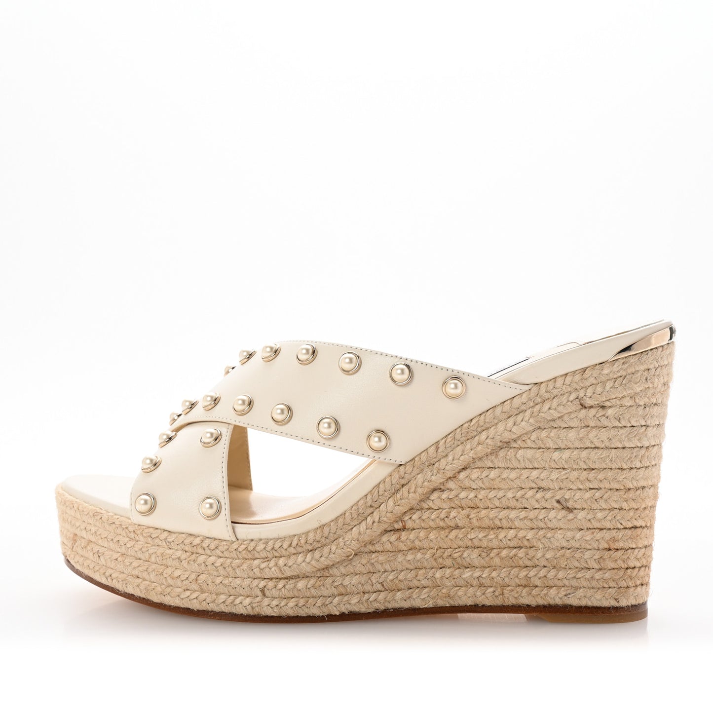 Nappa Pearl Studded Dovina 100 Espadrille Wedge Sandals 38 Latte