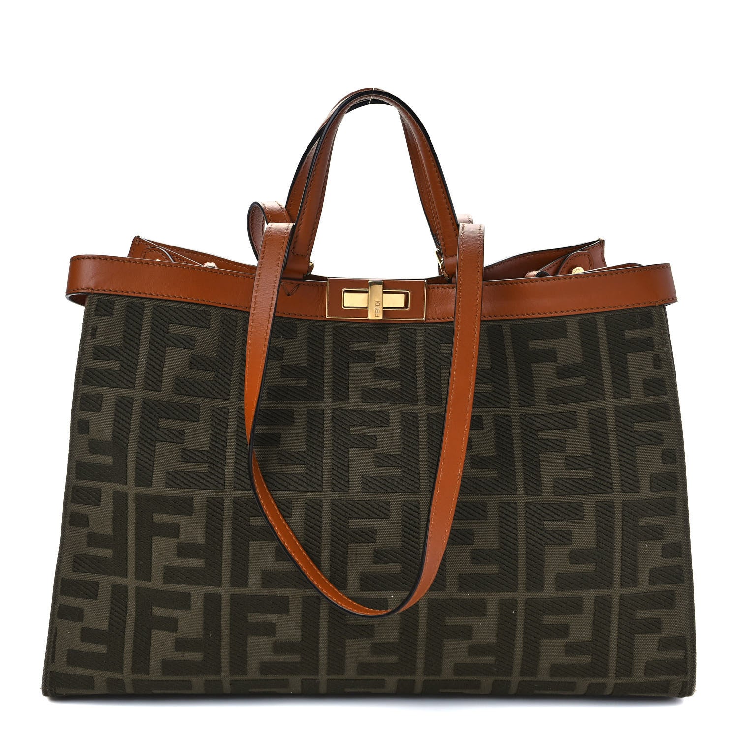 Fendi Canvas Vitello King FF Embroidered Medium Peekaboo X-Tote Amazzonia Cuoio 1 of 11