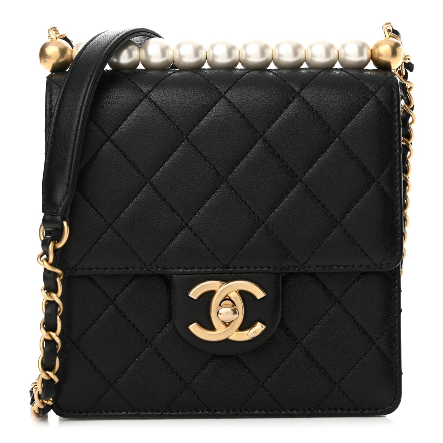 Lambskin Quilted Chic Pearls Flap Black