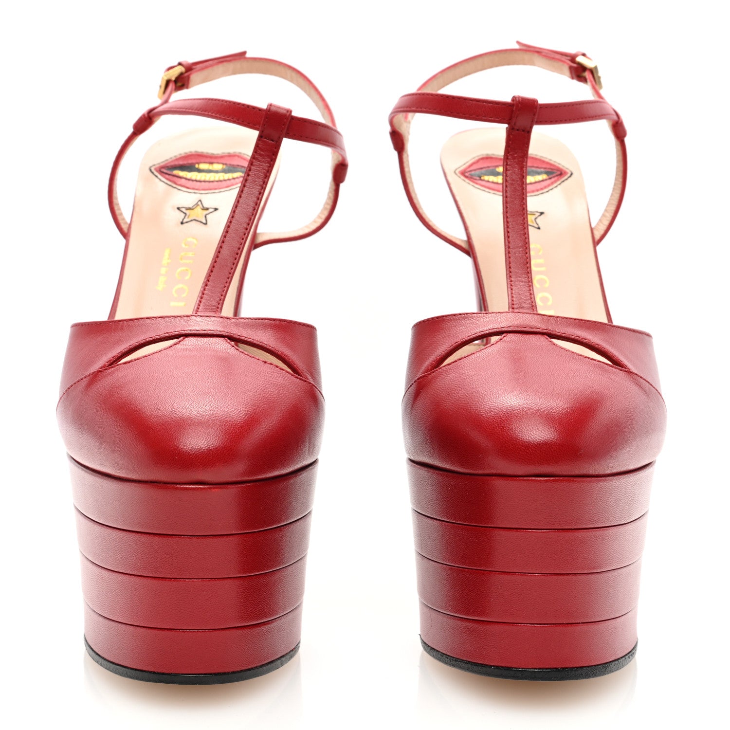 Gucci Malaga Kid Angel T-Strap Platform High Heel Pumps 37.5 Hibiscus Red 3 of 7