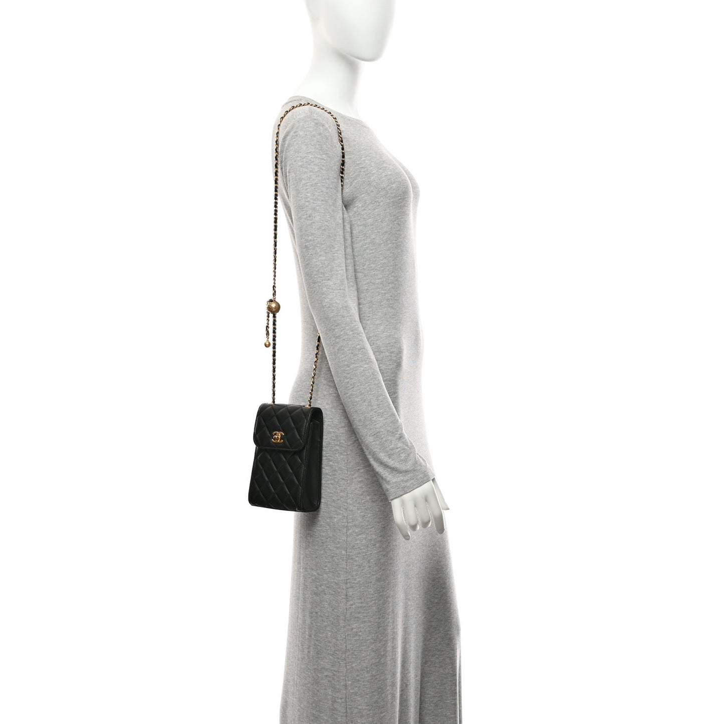 Lambskin Quilted Pearl Crush Phone Holder With Chain Black
