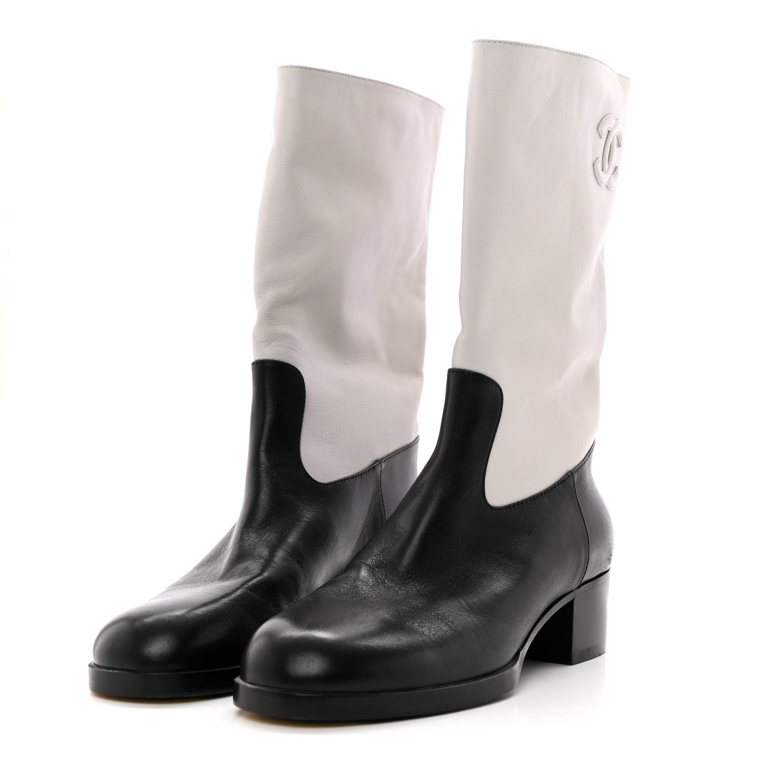 Chanel Calfskin CC Logo Mid Calf Boots 39 Grey Black 3 of 10