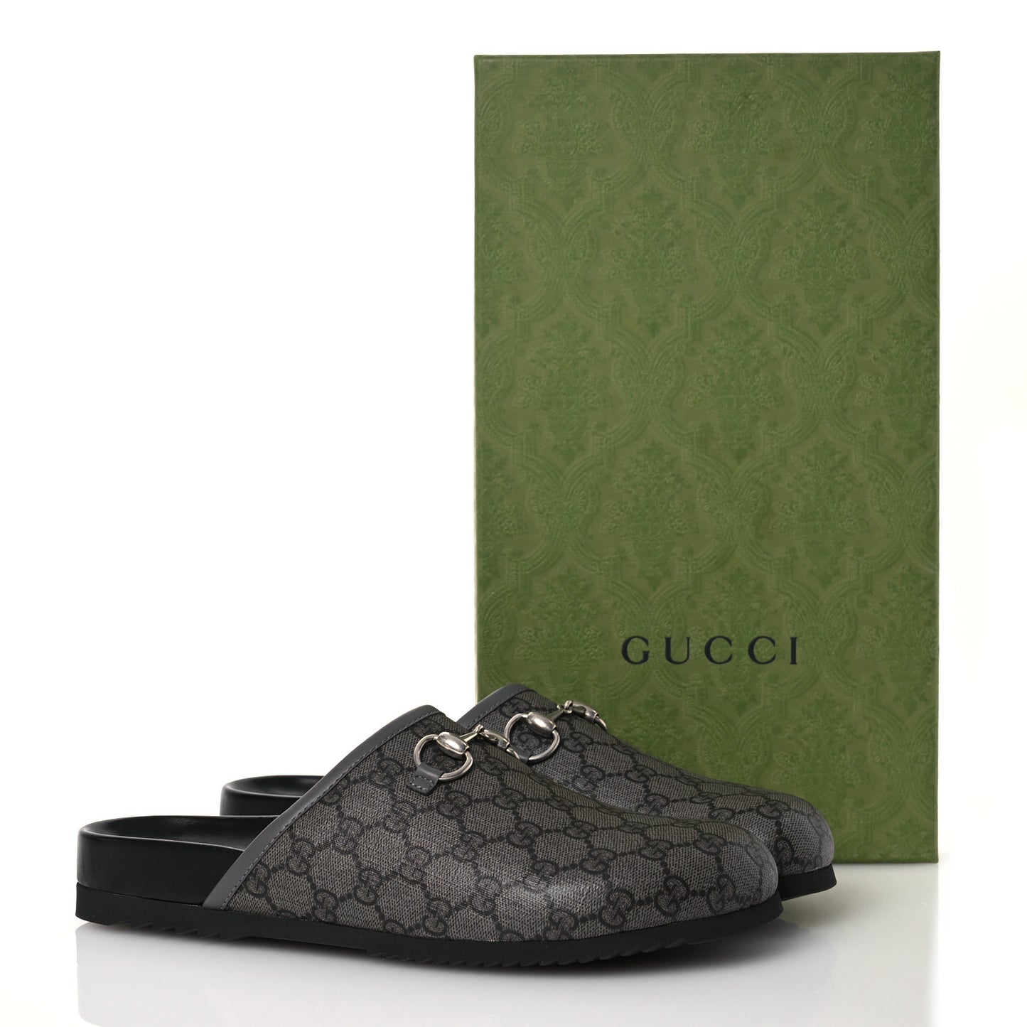 GG Supreme Monogram Granada Kid Mens Horsebit Lug Sole Mules 9 Grey Black