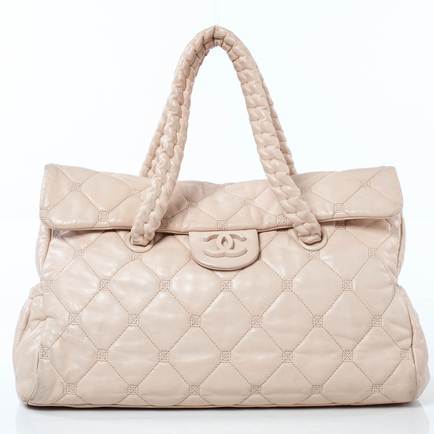 Quilted Lambskin Large Hidden Chain Flap Bag Beige
