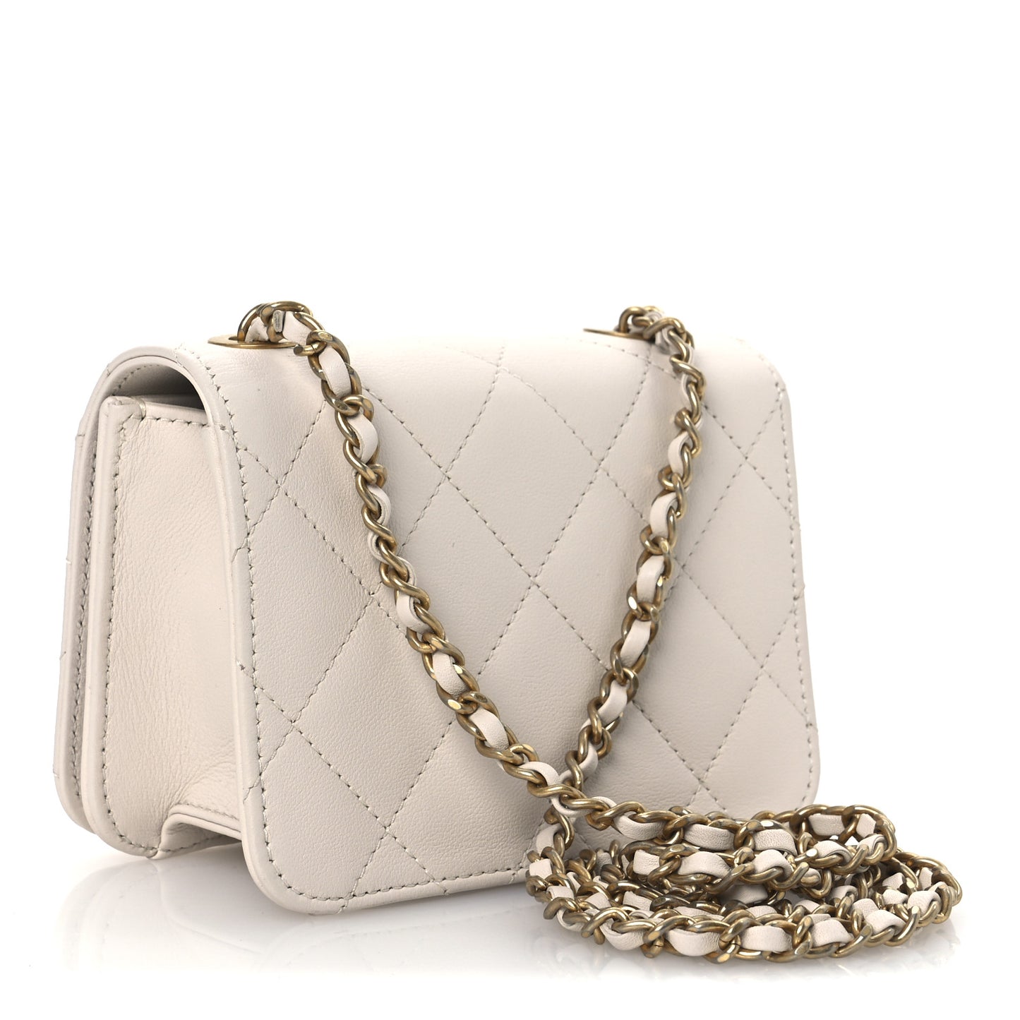 Calfskin Quilted Crystal Pearl Mini Flap Bag White