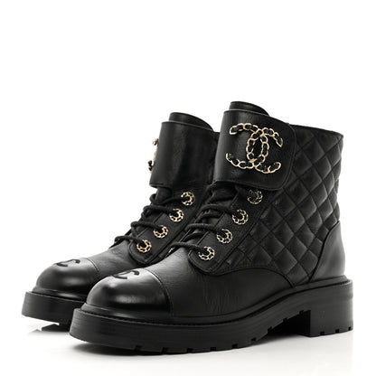 Chanel Shiny Calfskin Quilted Lace Up Combat Boots 38 Black 3 of 9