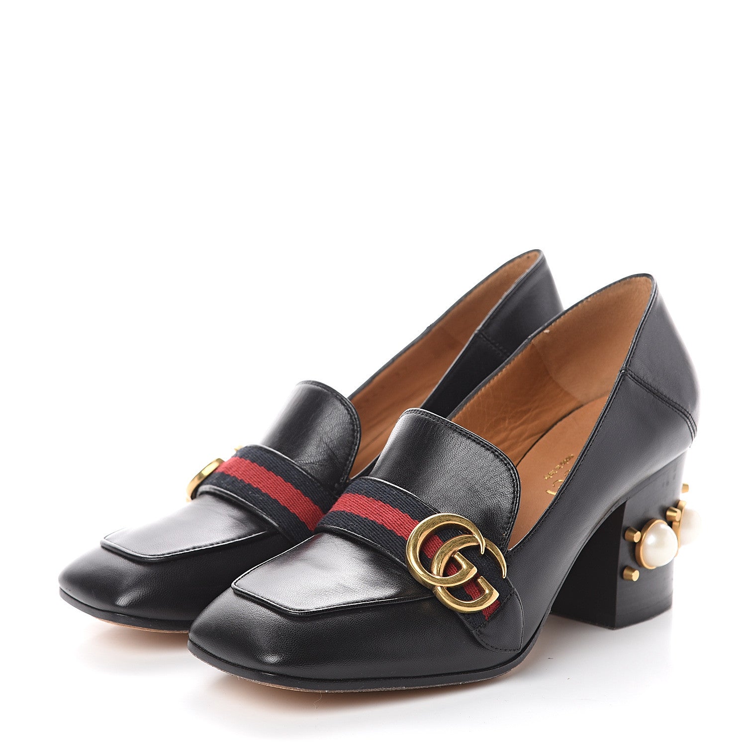 Gucci Malaga Kid Web Pearl Embellished Peyton 75mm Loafer Pumps 37 Black 3 of 6