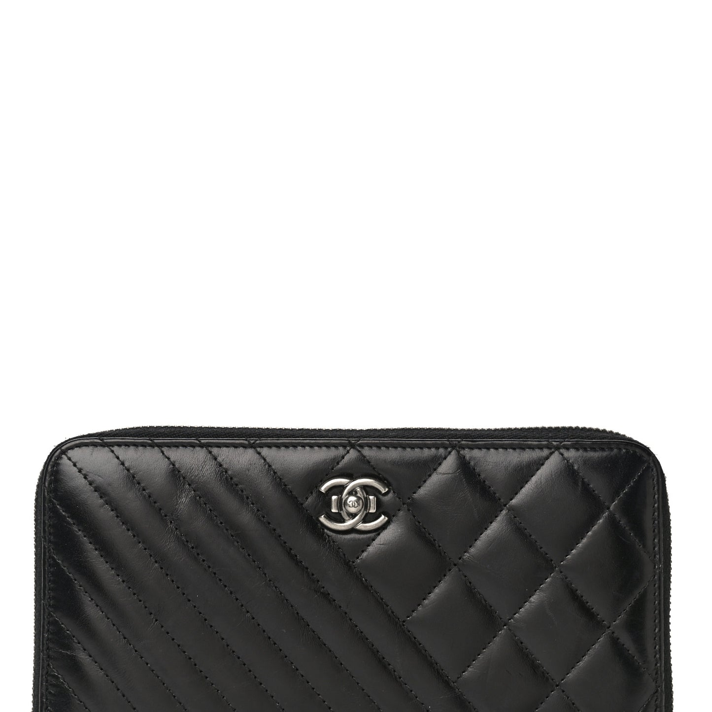Glazed Calfskin Quilted Small Coco Boy Zip Around Wallet Black