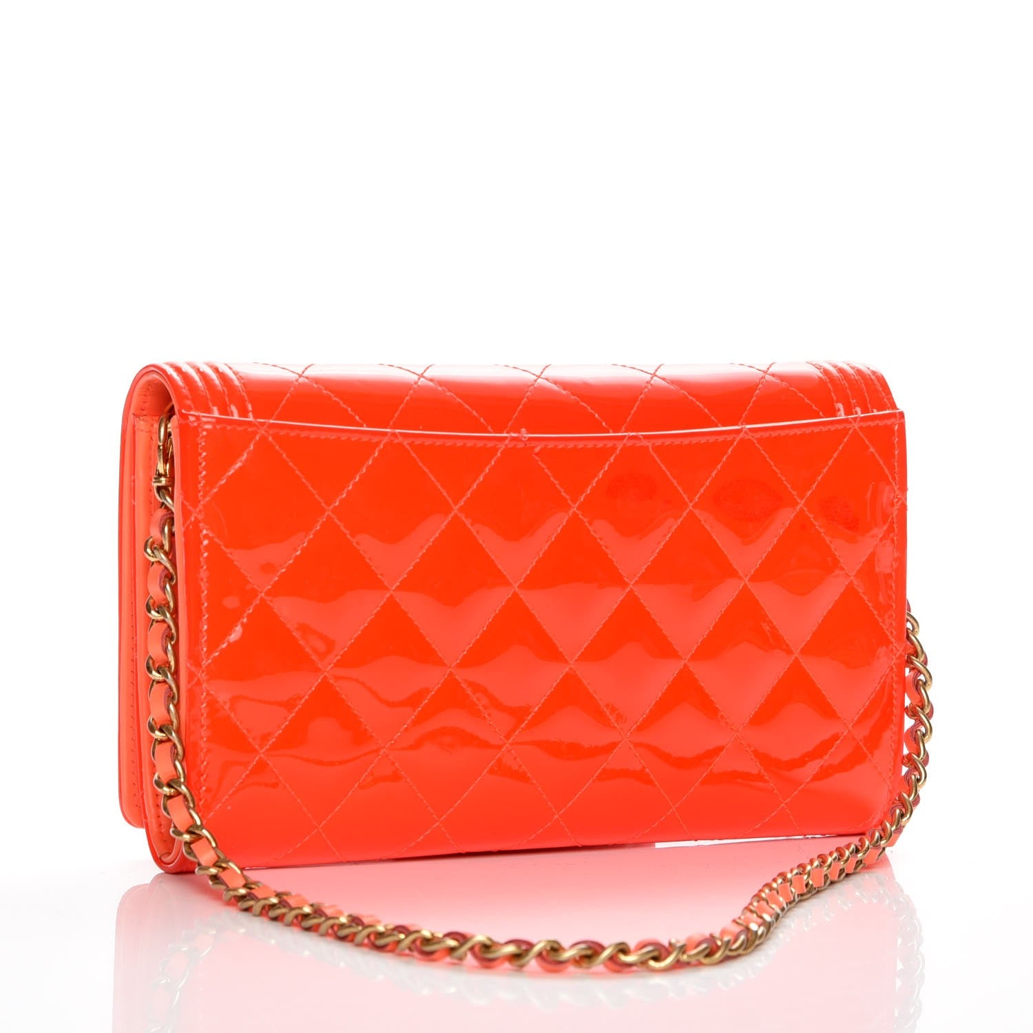 Chanel Patent Calfskin Quilted Boy Wallet on Removable Chain Orange 3 of 12