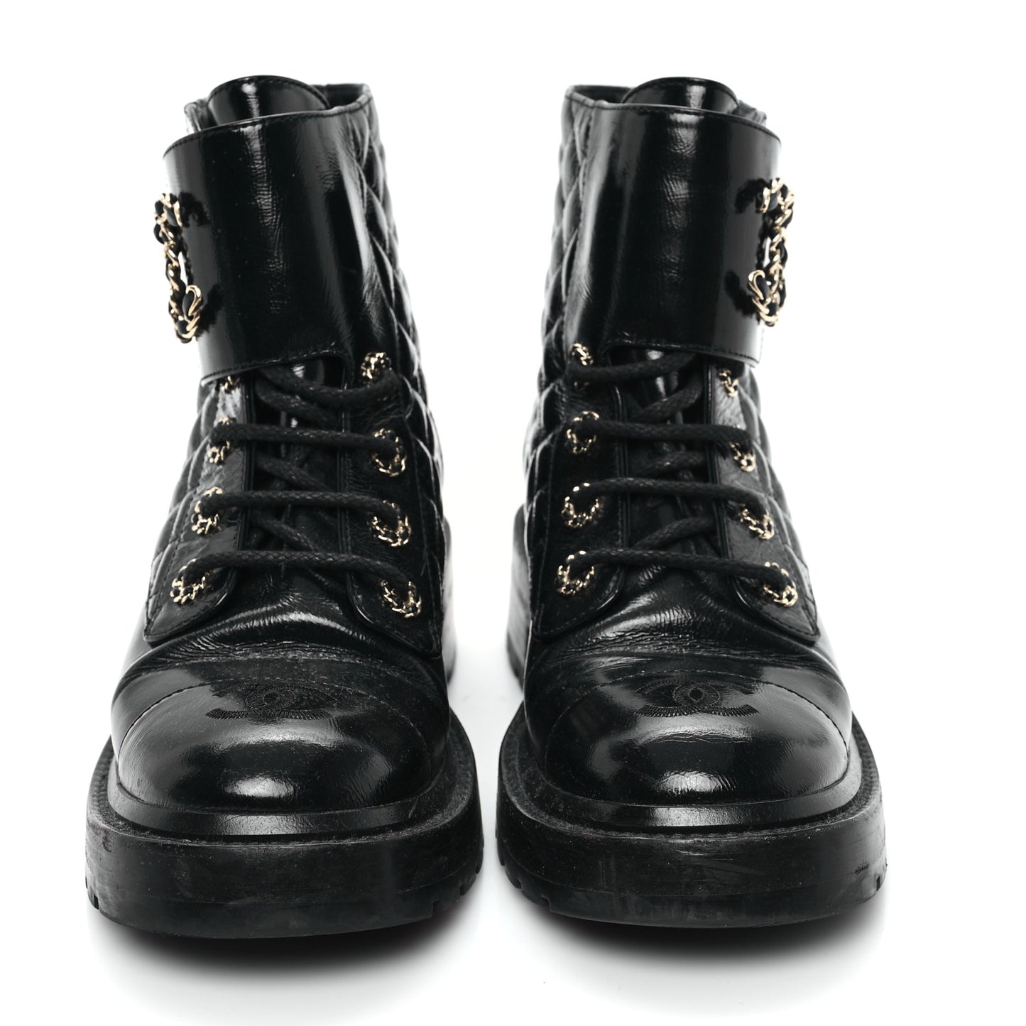 Shiny Goatskin Calfskin Quilted Lace Up Combat Boots 37 Black