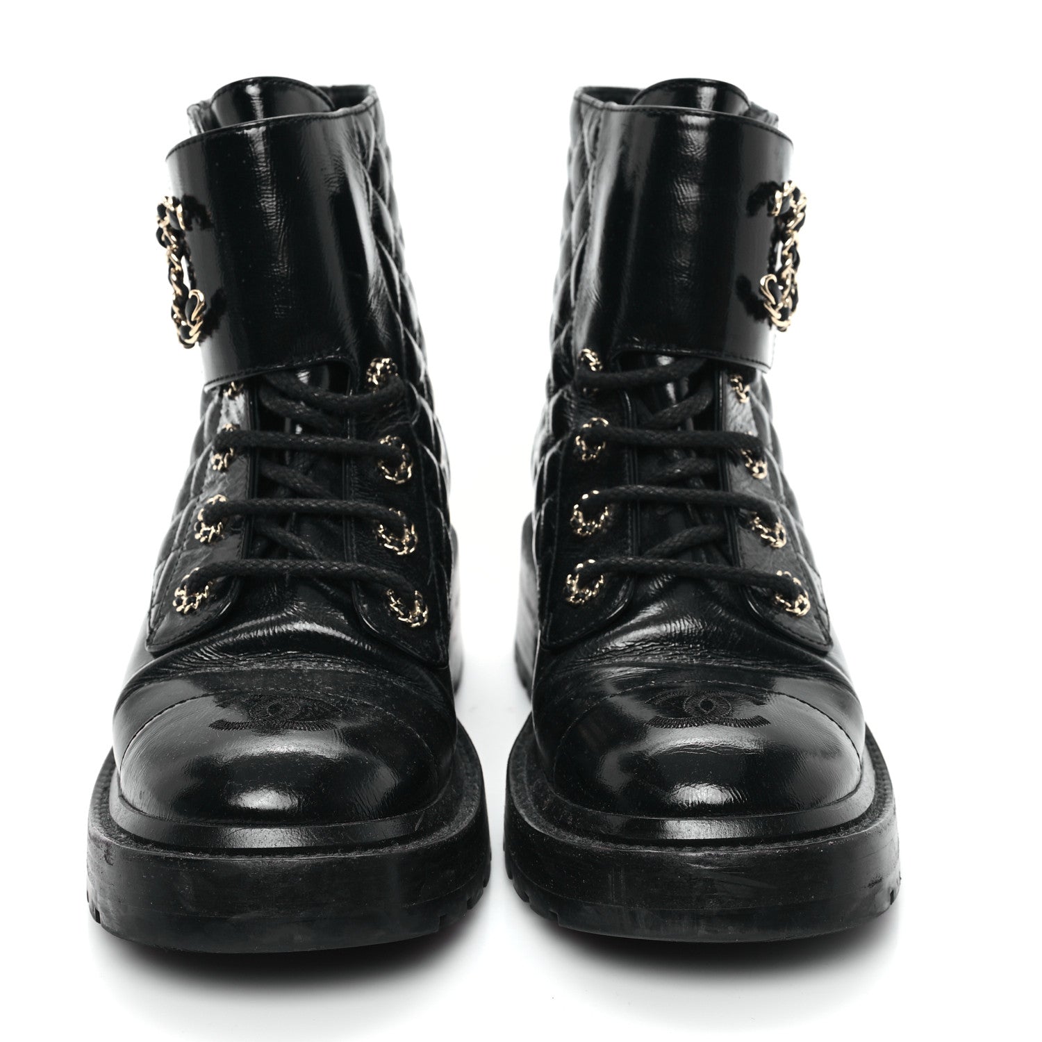 Chanel Shiny Goatskin Calfskin Quilted Lace Up Combat Boots 37 Black 3 of 10