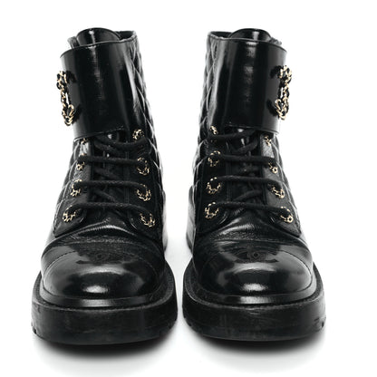 Chanel Shiny Goatskin Calfskin Quilted Lace Up Combat Boots 37 Black 3 of 10