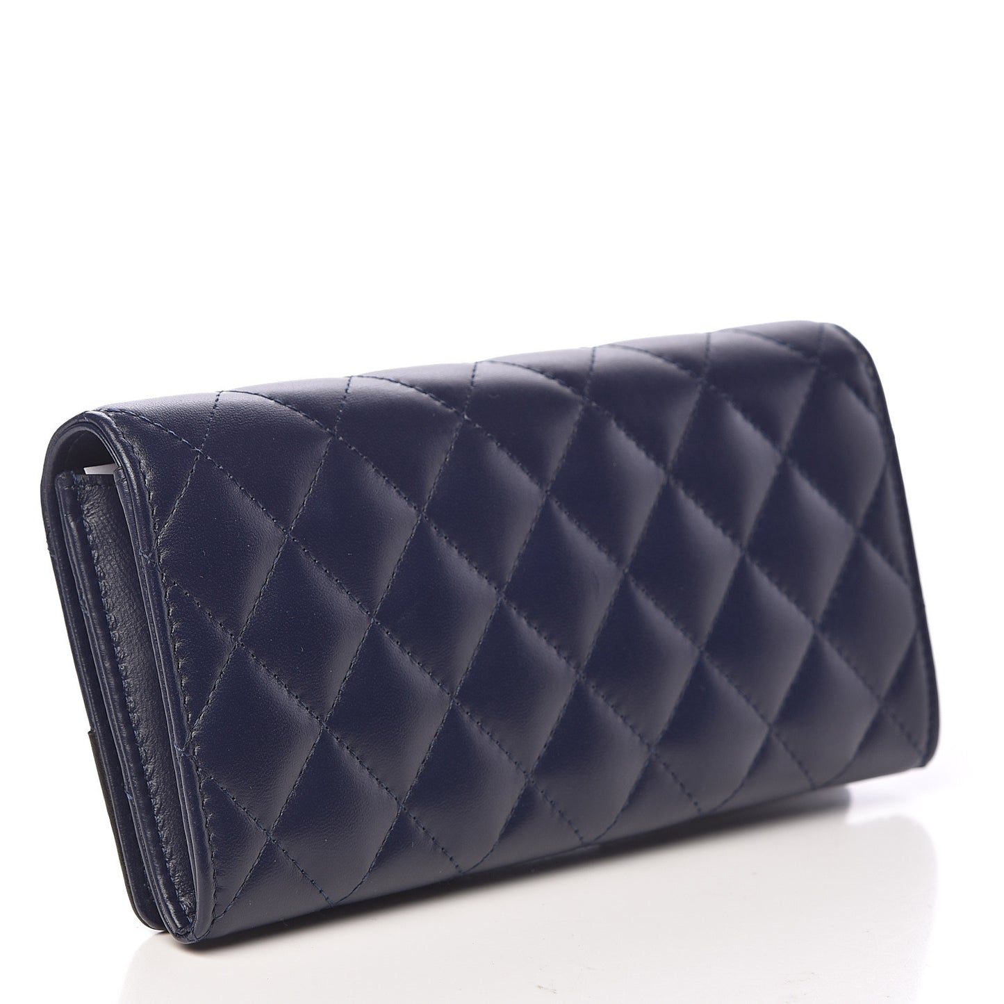 Lambskin Quilted Large Gusset Flap Wallet Navy Black