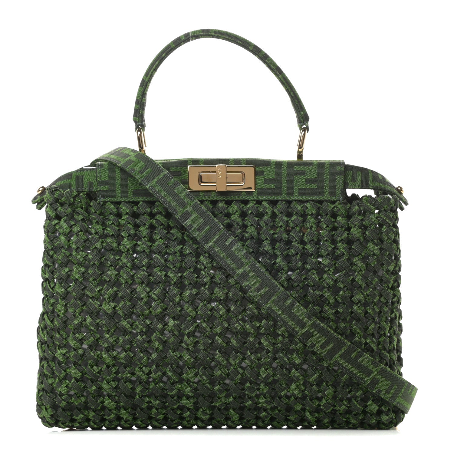 Fendi Fabric Jacquard FF 1974 Woven Knotted Medium Peekaboo Iconic Satchel Verde Black 1 of 11