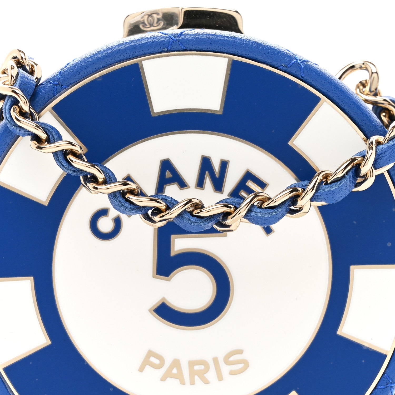 Chanel Lambskin Enamel Quilted Round Poker Chip Clutch With Chain Blue White 9 of 11