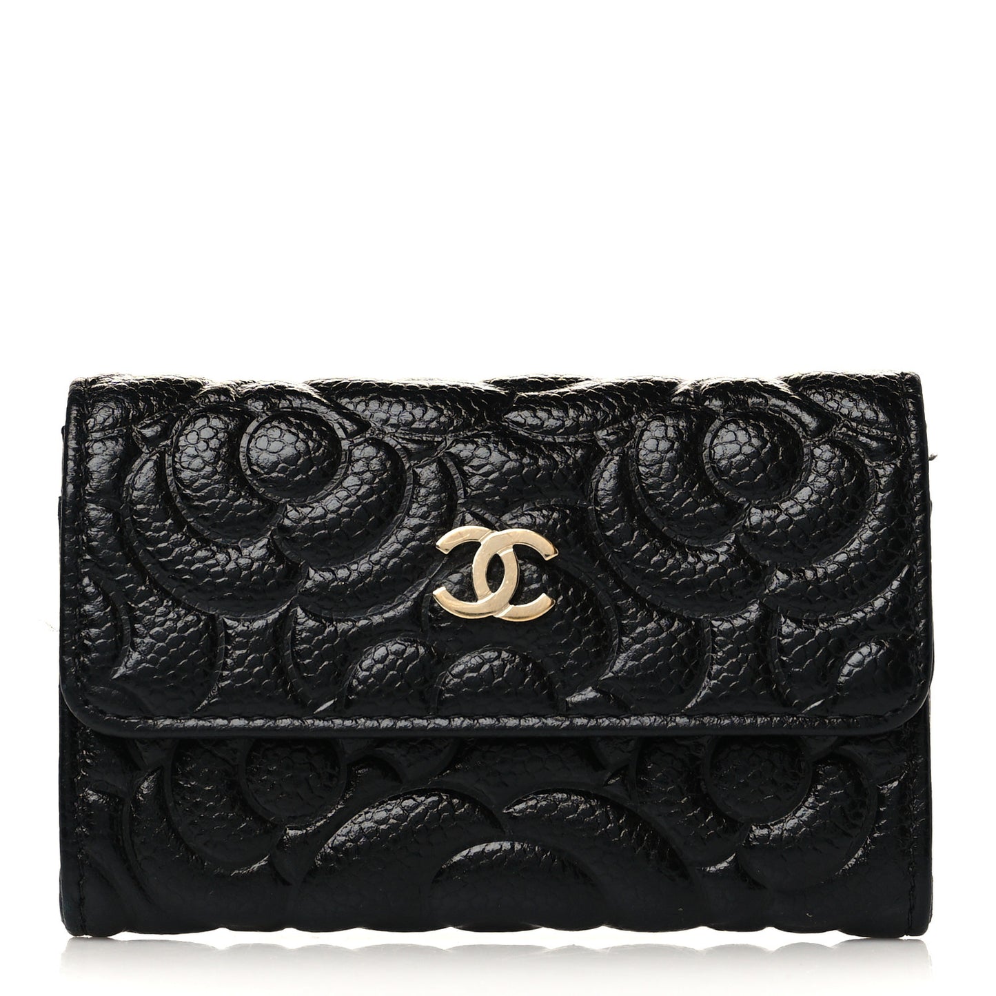Caviar Camellia Embossed Card Holder Wallet Black