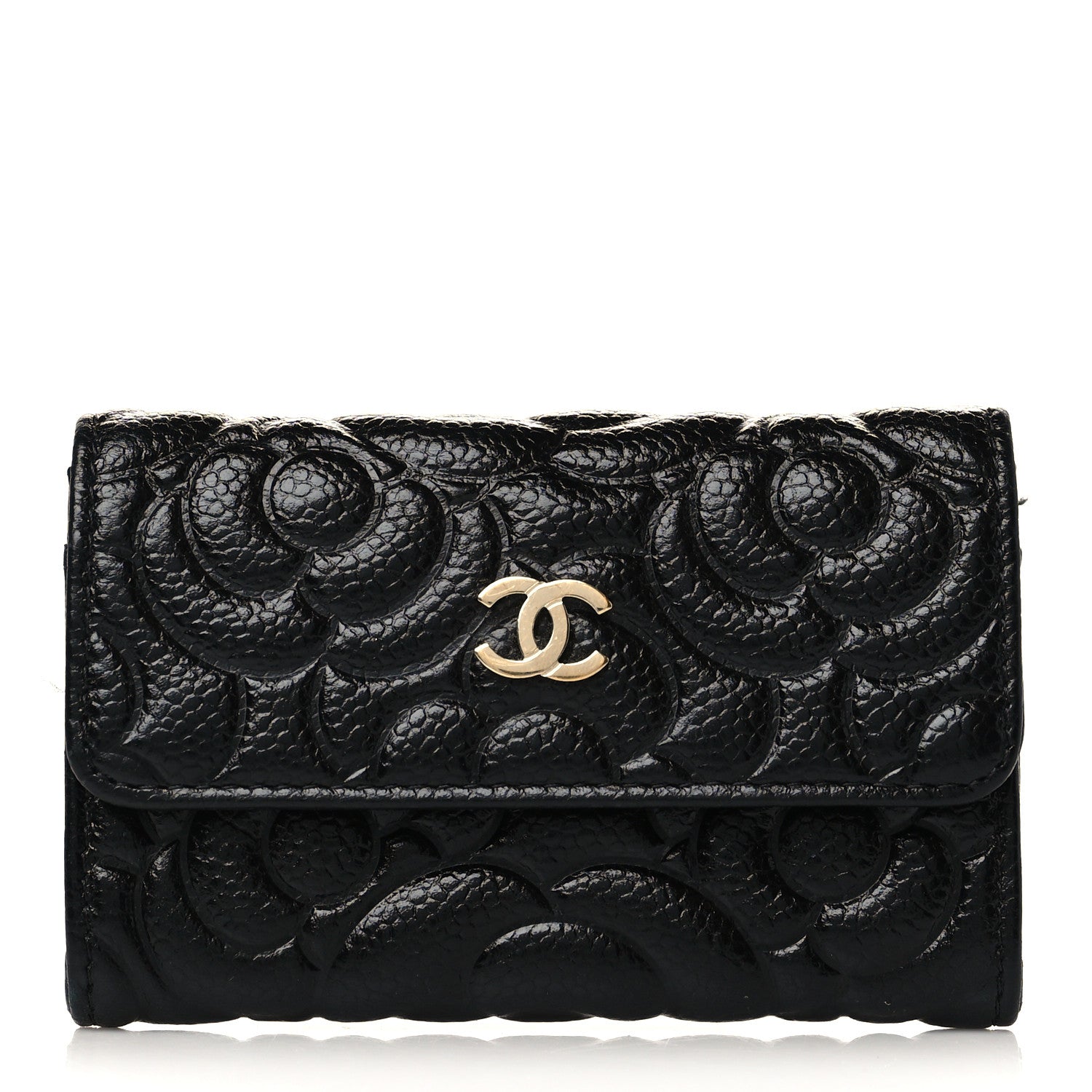 Chanel Caviar Camellia Embossed Card Holder Wallet Black 1 of 8