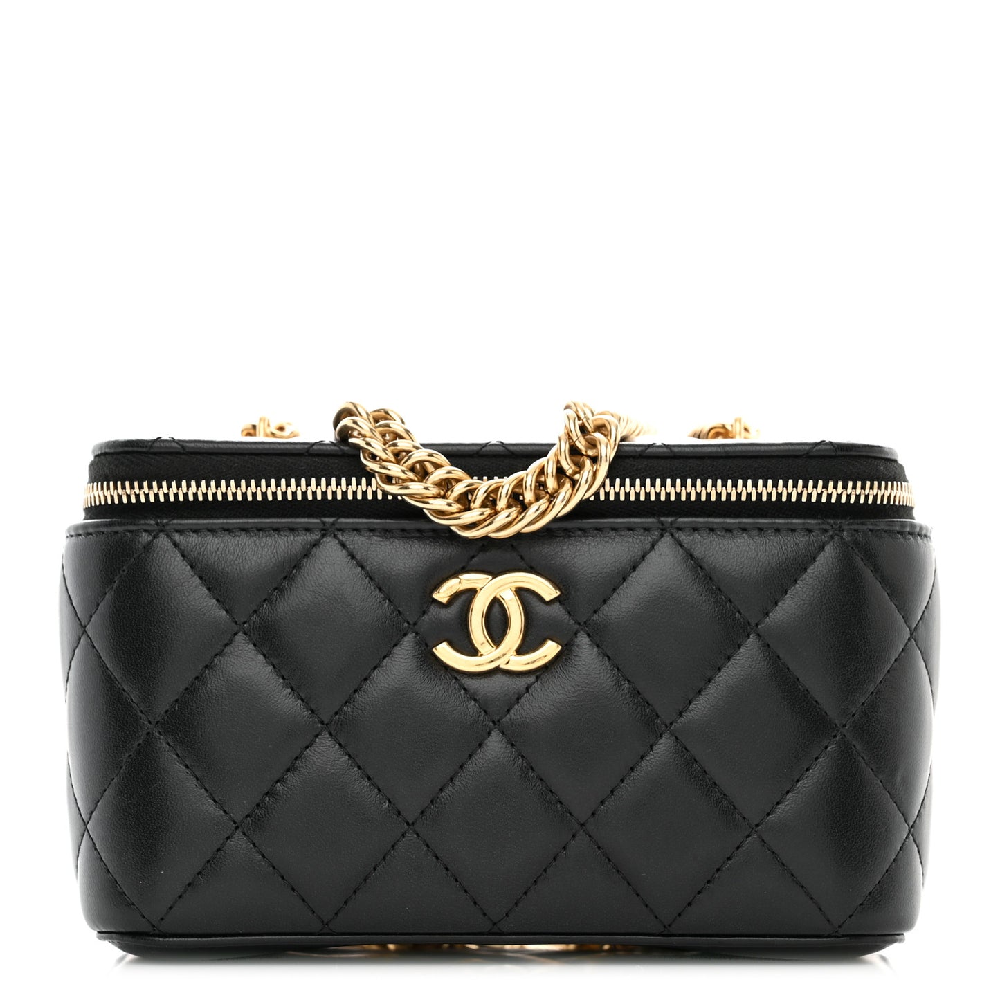 Lambskin Enamel Quilted Logo Small Vanity Case With Chain Black