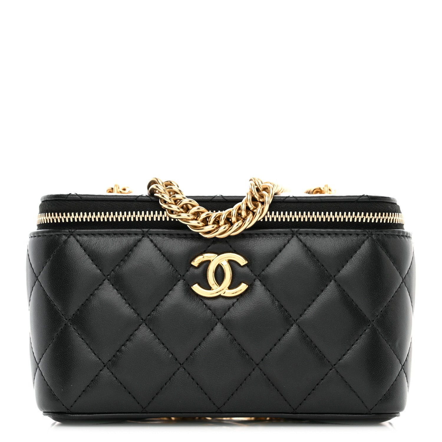 Chanel Lambskin Enamel Quilted Logo Small Vanity Case With Chain Black 1 of 11