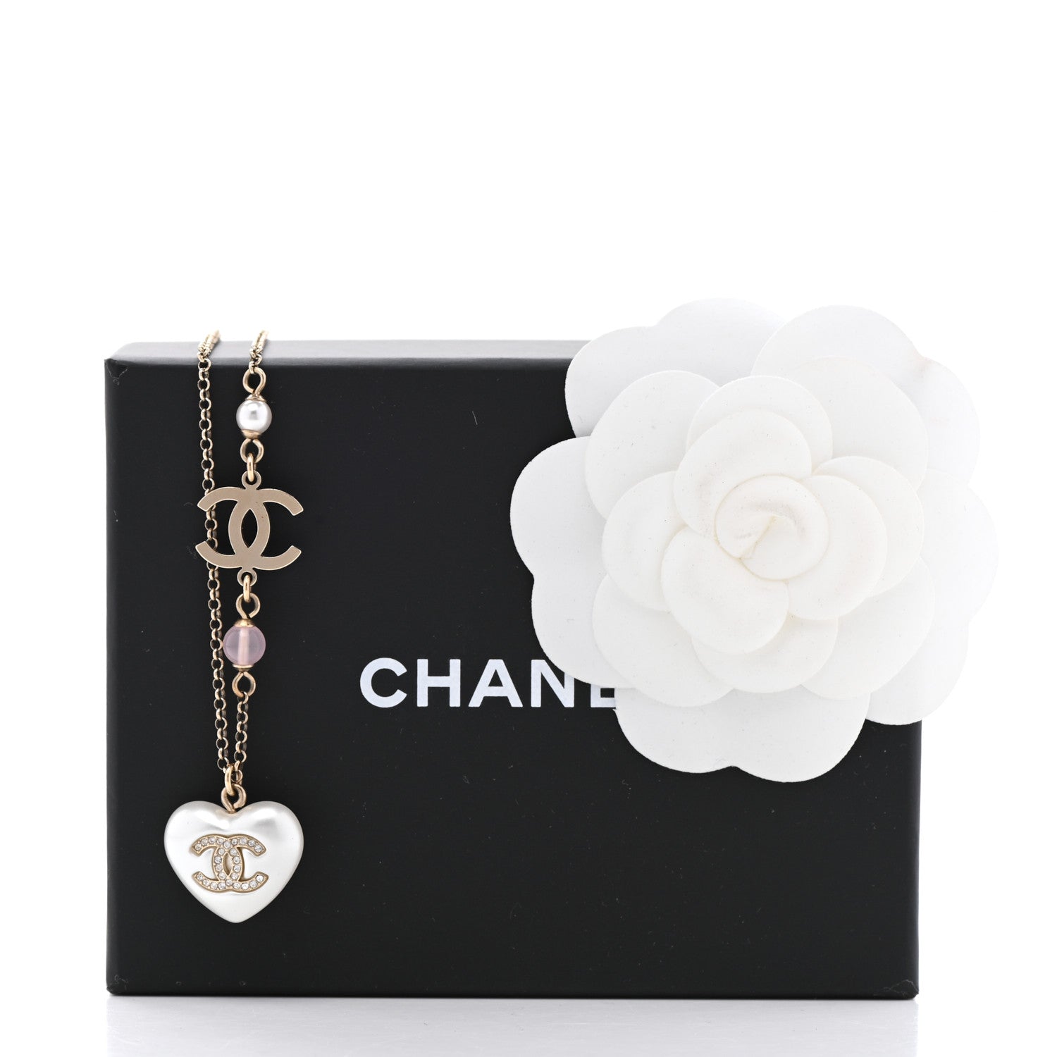 Chanel Resin Crystal CC Heart Necklace Pearly White Gold 7 of 7