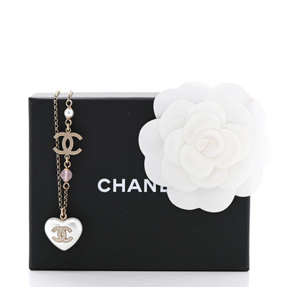 Chanel Resin Crystal CC Heart Necklace Pearly White Gold 7 of 7