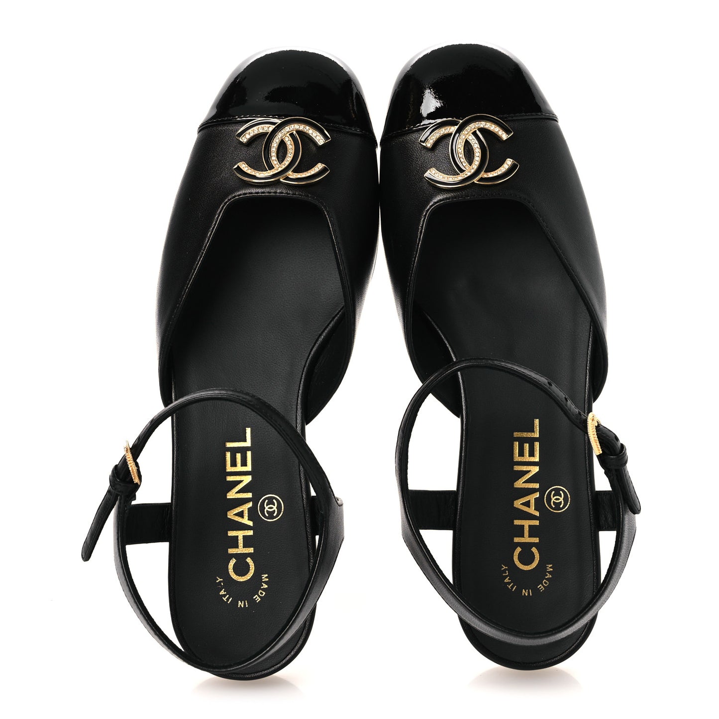 Lambskin Patent Cap Toe Crystal Enamel CC Mary Jane Slingback Flats 36 Black