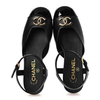 Chanel Lambskin Patent Cap Toe Crystal Enamel CC Mary Jane Slingback Flats 36 Black 2 of 12