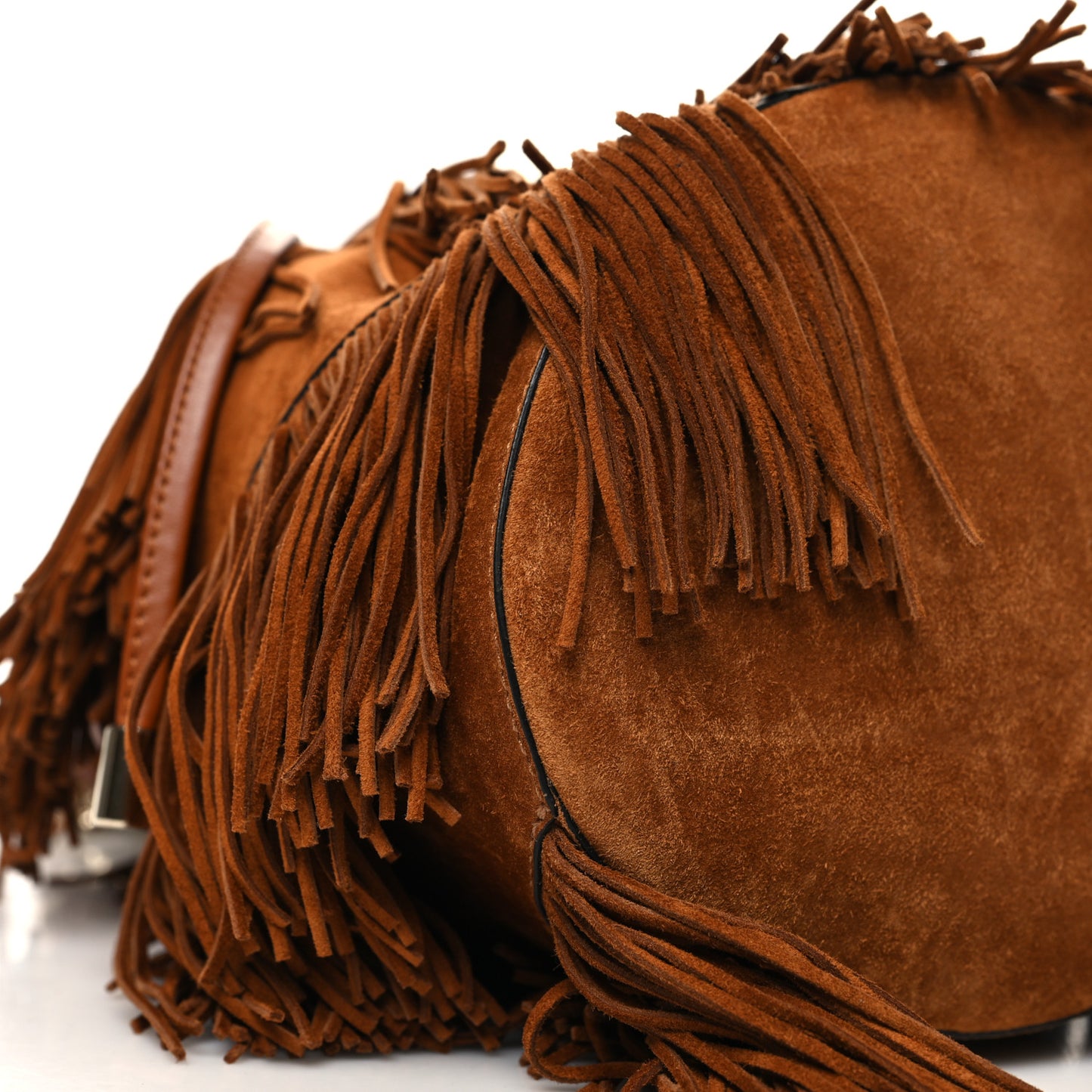 Suede Calfskin Fringe Marie Jane Bucket Brown