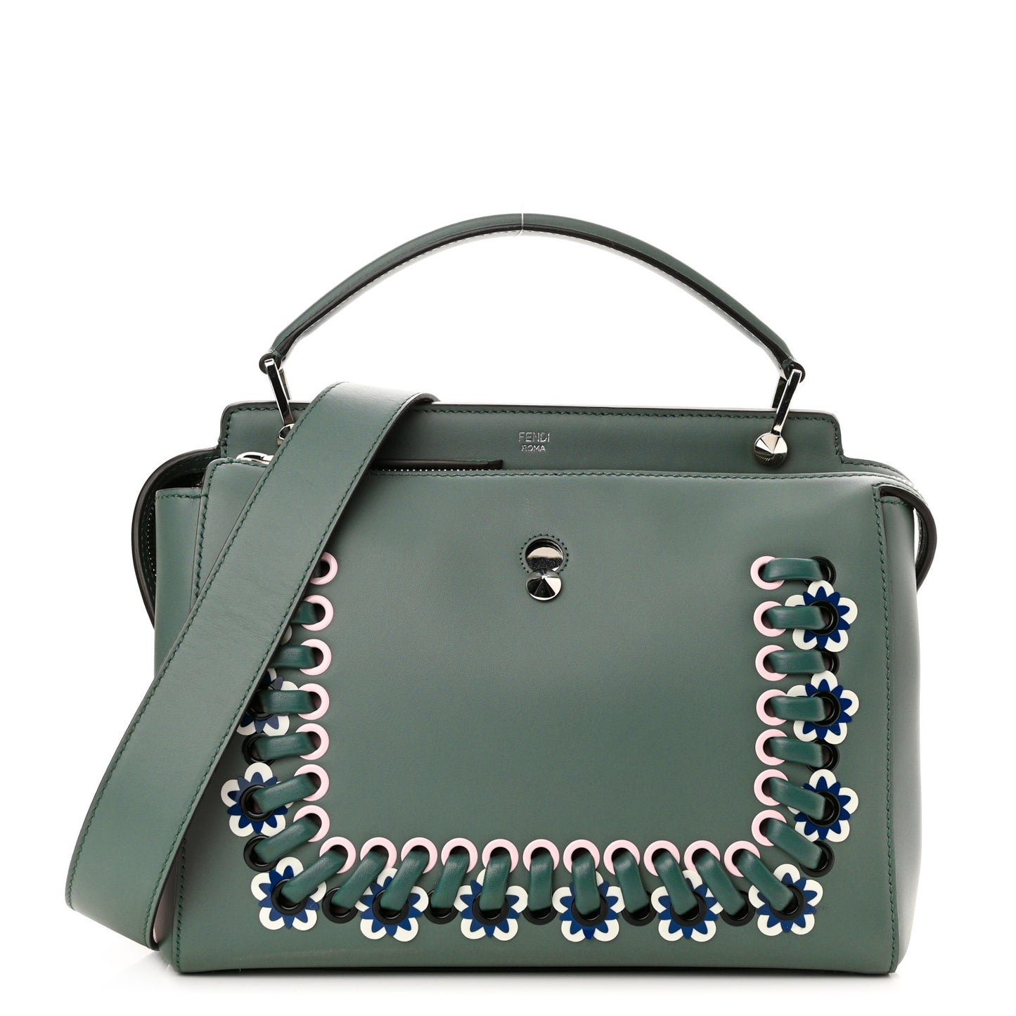 Vitello Baltico Shiny Nappa Lace Up Floral Dotcom Satchel Malachite