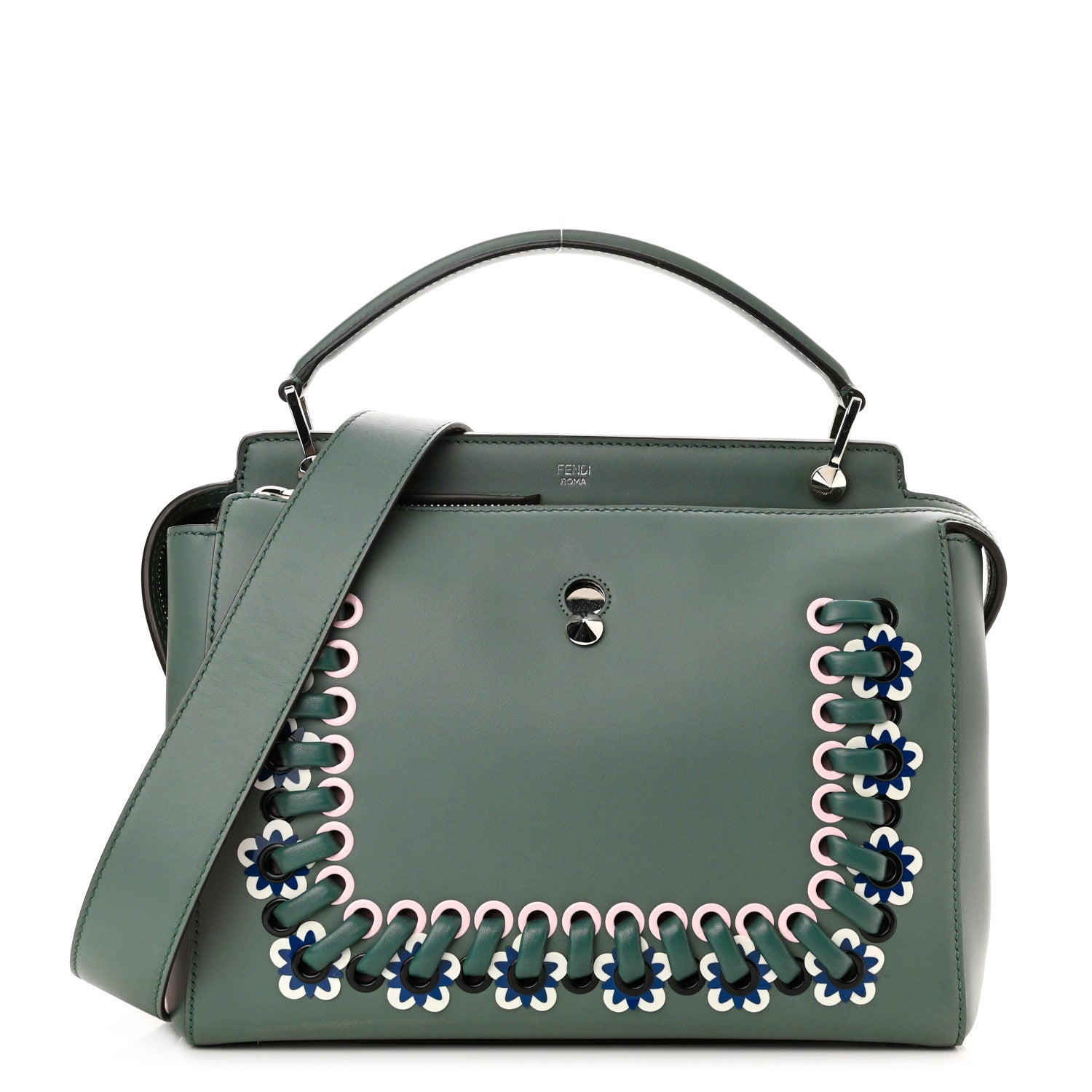 Fendi Vitello Baltico Shiny Nappa Lace Up Floral Dotcom Satchel Malachite 1 of 11