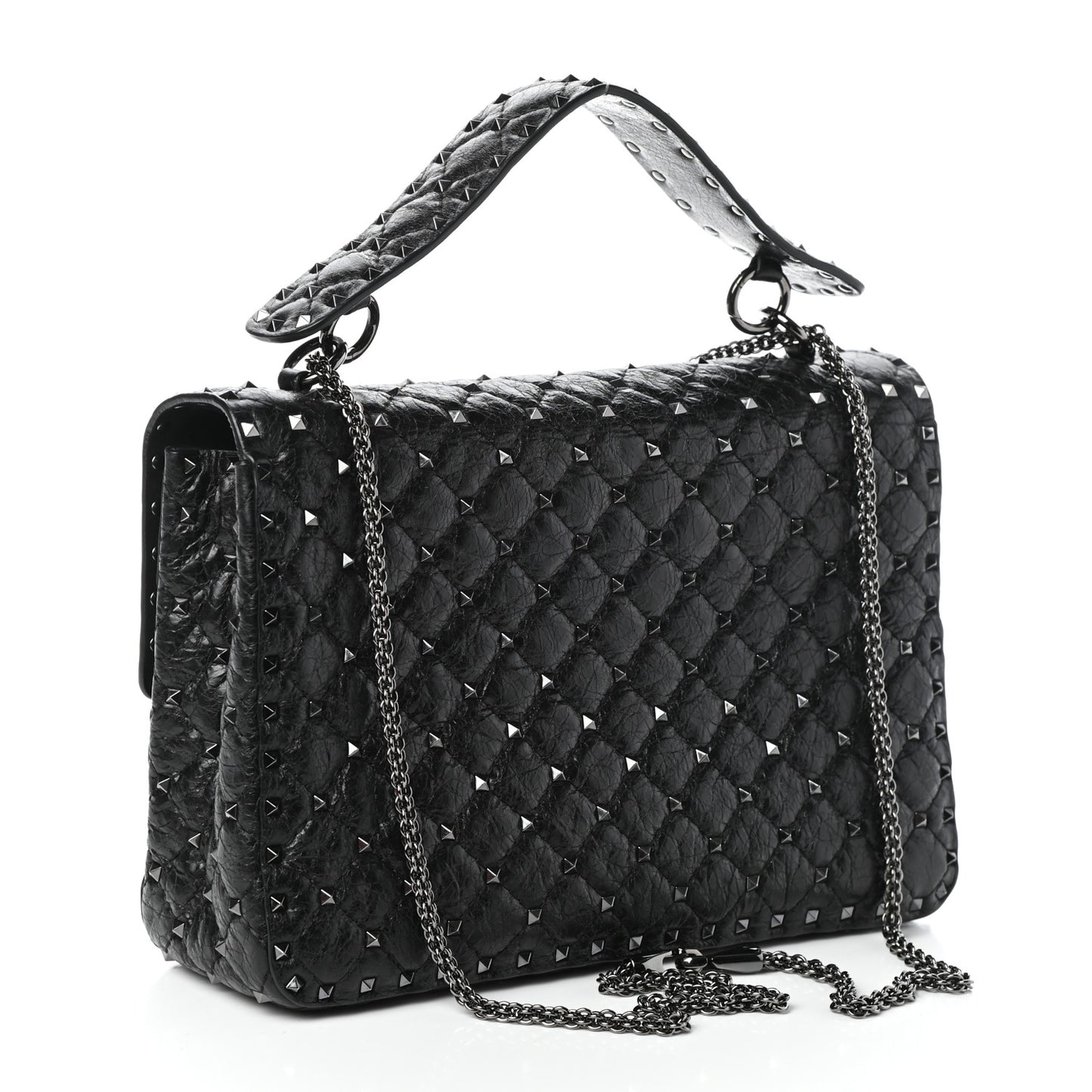 Craquele Nappa Large Rockstud Spike Shoulder Bag Black