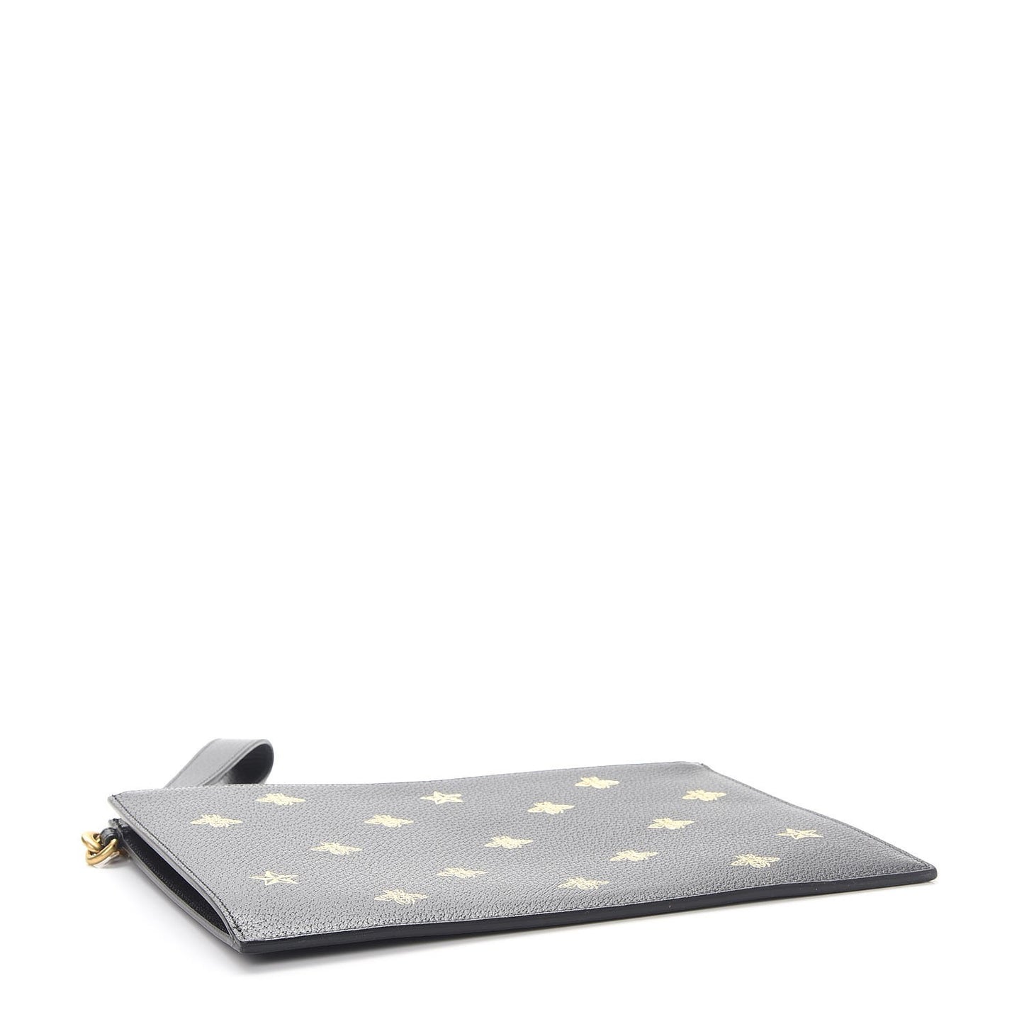 Dollar Calfskin Boar Effect Bee Star Zip Wristlet Pouch Black